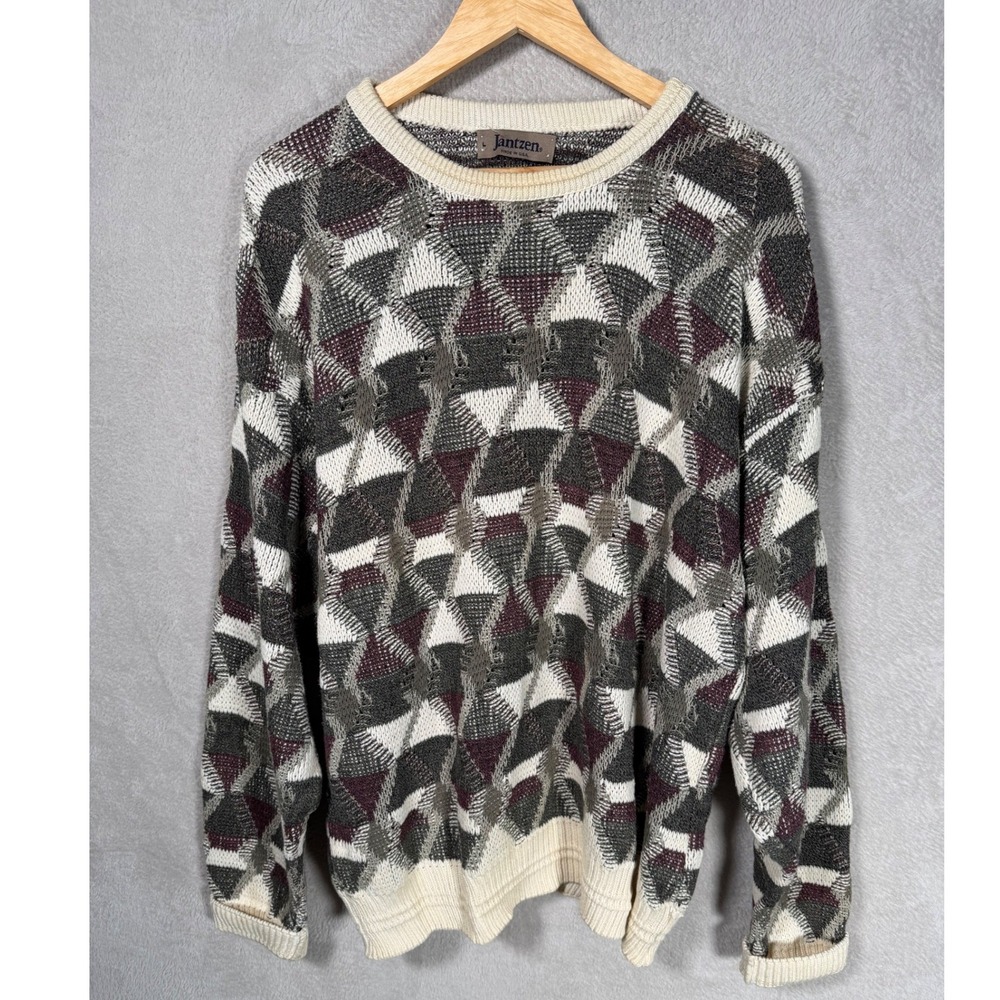 Vintage Jantzen Mens Geometric Intarsia Knit Sweater Grey Burgundy Made in USA L